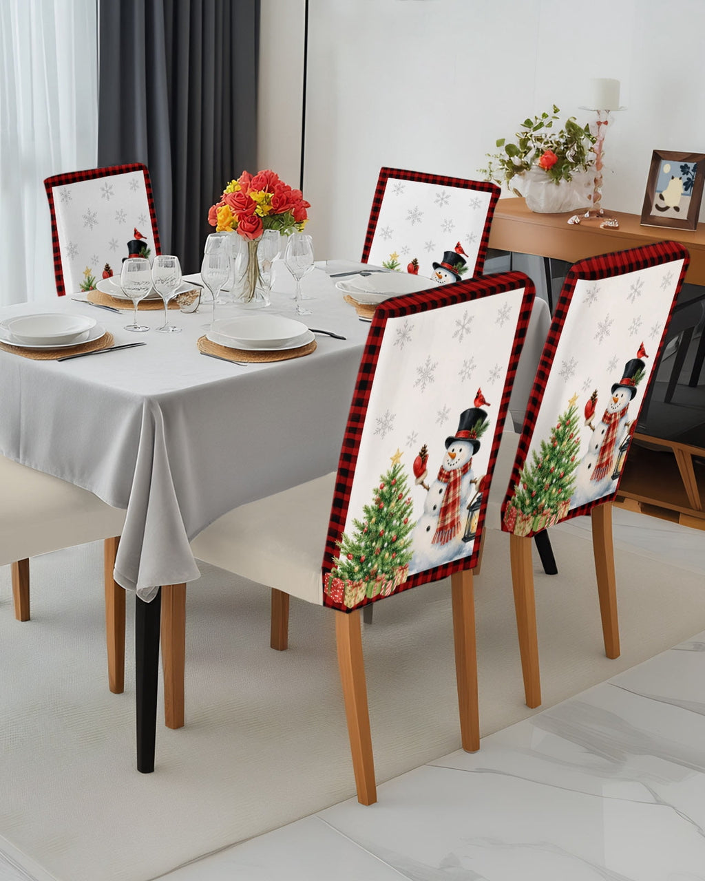 Christmas Winter Dining Chair Covers Set of 8, Snowman Green Christmas Tree Gift Boxes Snowflake Chair Covers for Dining Room Removable Seat Protectors Slipcovers for Home Party Wedding Banquet