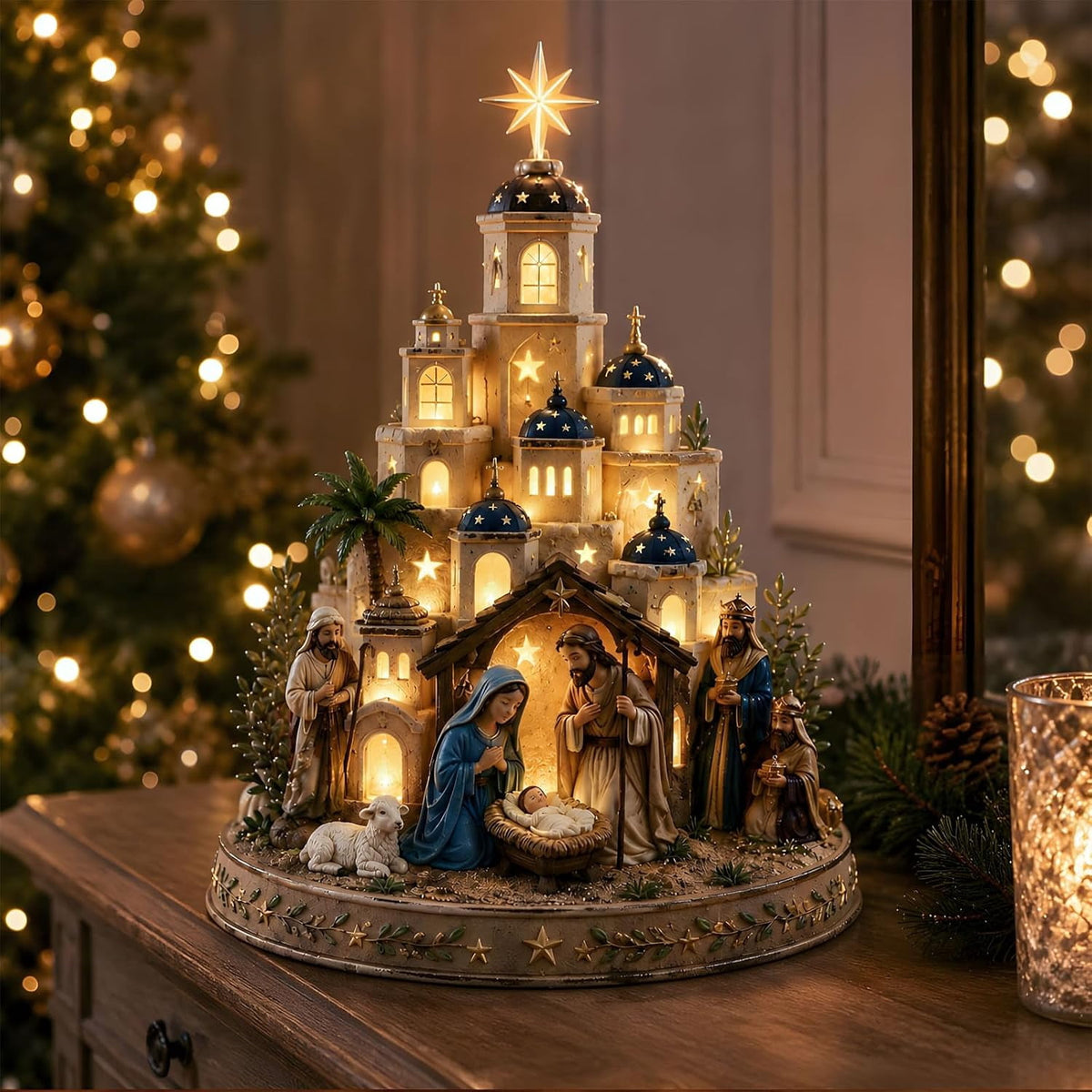Nativity Set, Star of Bethlehem Lighted Nativity Scene with Church Tower, Manger Figures, Lighted Christmas Church Tabletop Decor