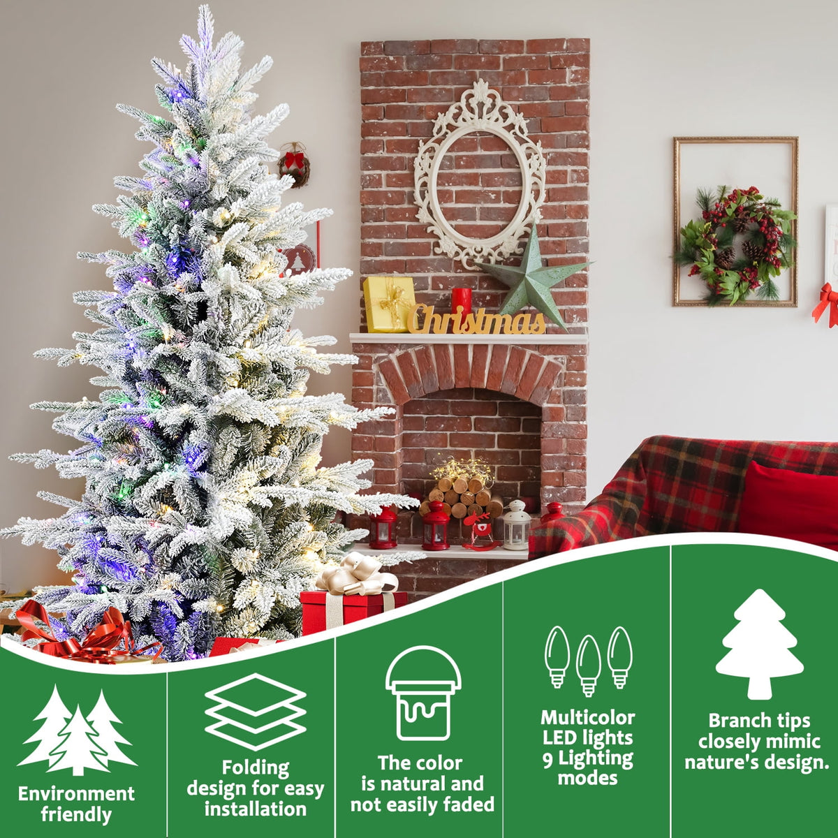 Makeatree 6 ft Prelit Snow Flocked Christmas Tree Frosted Artificial Xmas Tree with Multicolor Lights &1582PE PVC Tips, 9 Color Modes