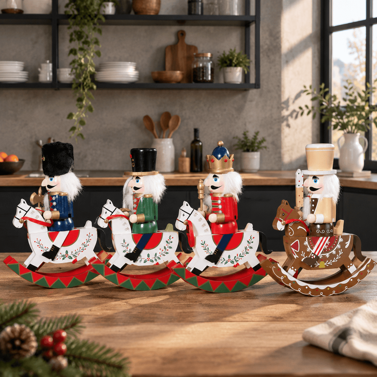 Gingerbread Wooden Nutcracker Rocking Horse Soldier Figurine Indoor Christmas Decor