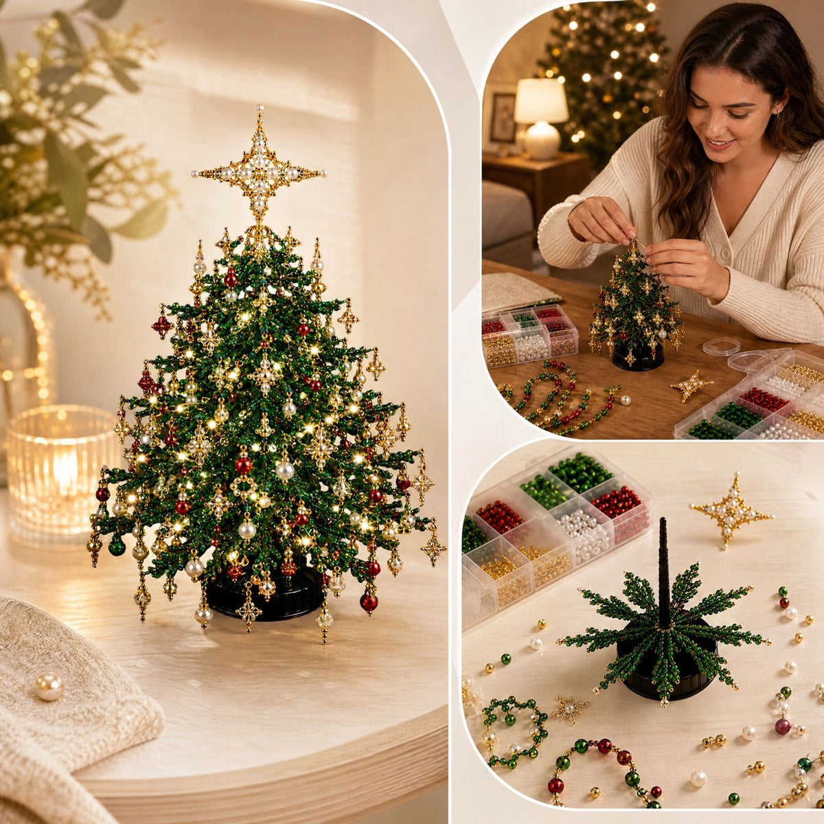 DIY Beaded Christmas Tree Kit - Handmade Mini Tabletop Xmas Tree with Santa Topper, Built-In Warm Lights, Holiday Decor Craft Gift for Adults