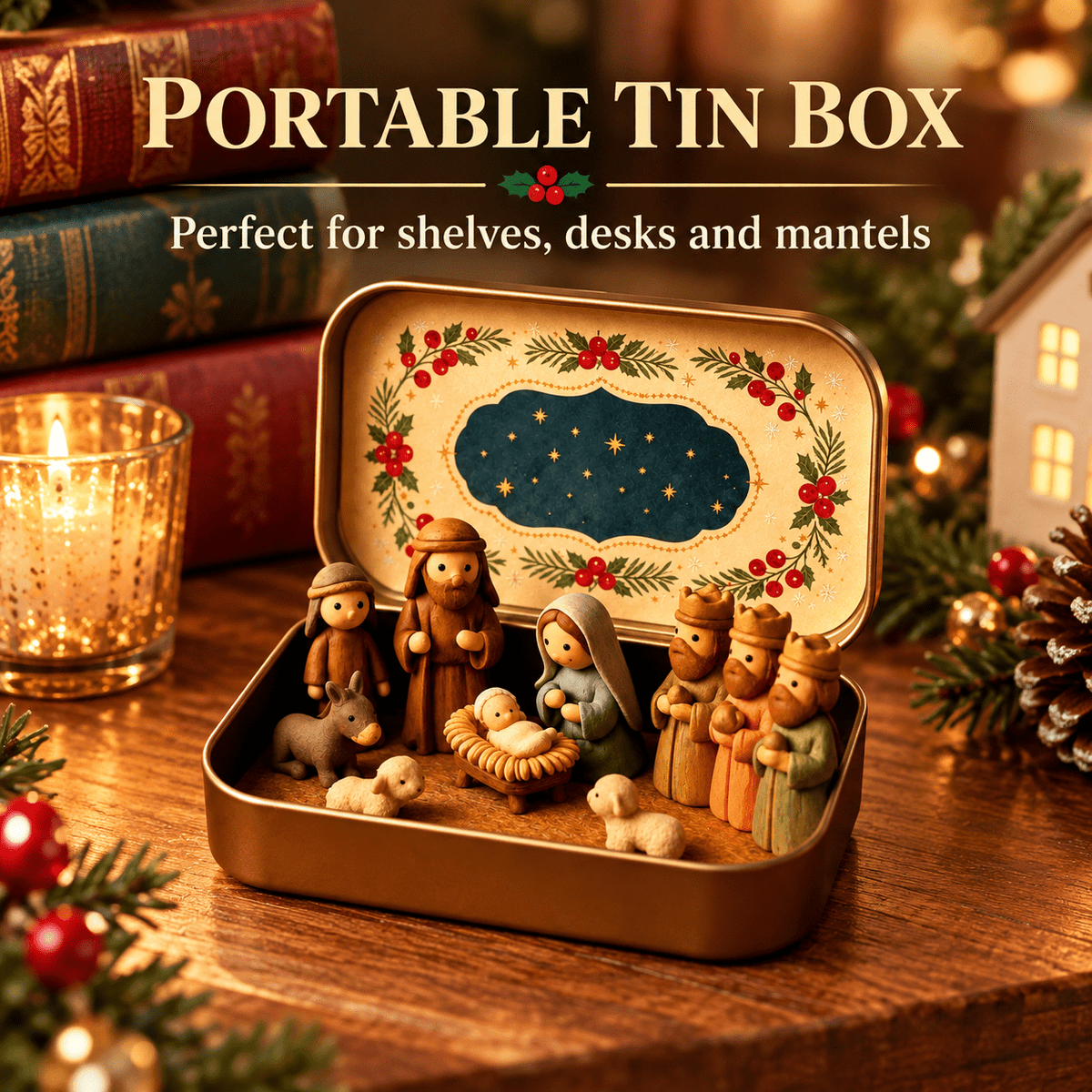 Christmas Nativity Scene in a Tin Mini Manger Scene Portable Tin Box Tabletop Decor for Mantel Shelf Fireplace Desk Holiday Decoration