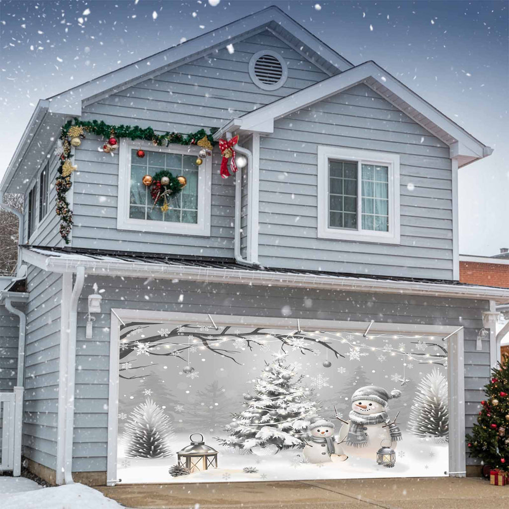 Fsddascl 7 x 16 Ft Christmas Garage Door Cover, Black Christmas Tree Large Garage Door Banner, Xmas Snowflake Green Golden Hanging Garage Mural Background for Indoor Outdoor Xmas Party Supplies
