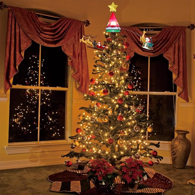 LAMPHOME Rotating Musical Deer & Sled Lighted Tree Topper, Illuminated Star Christmas Tree Top Ornament