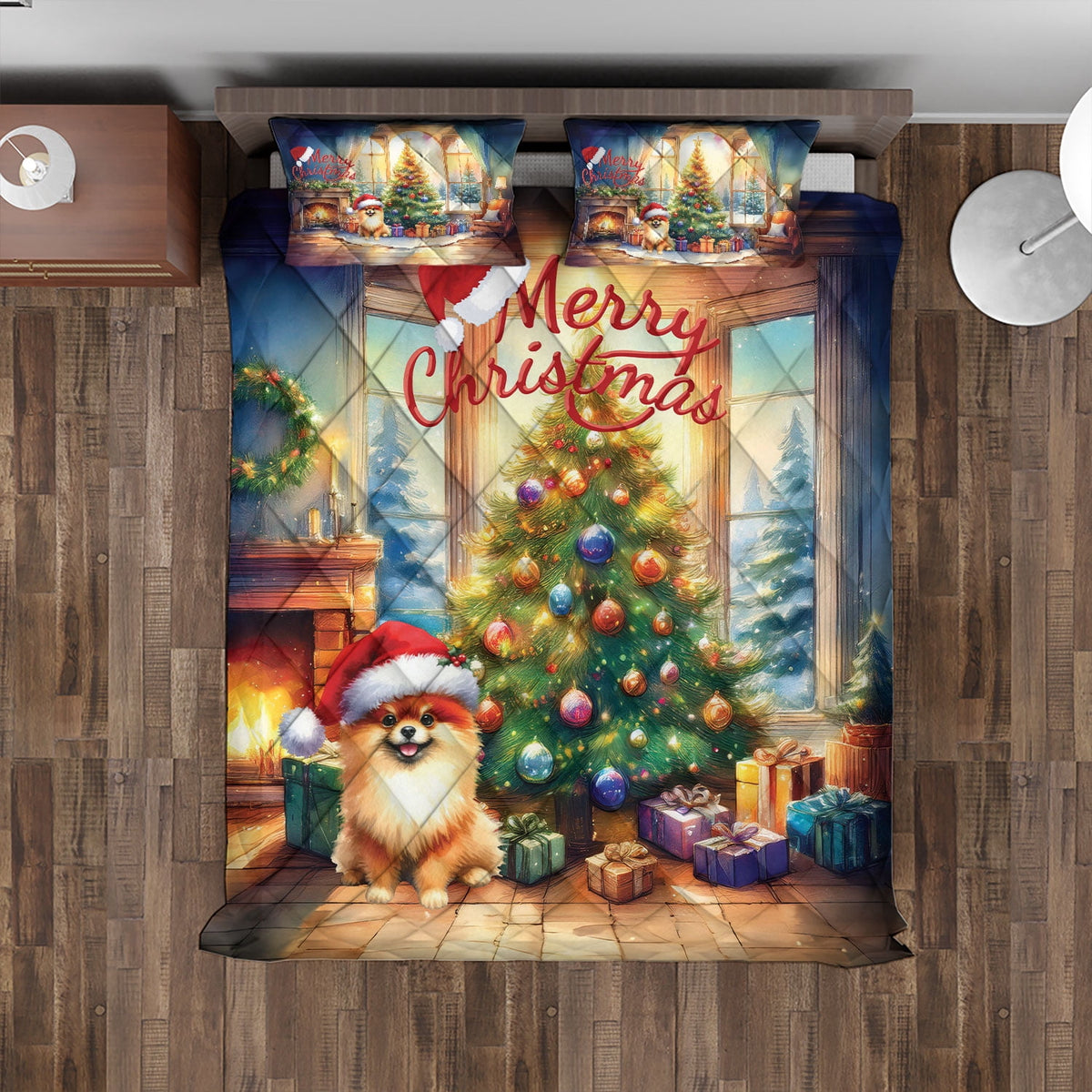 Merry Christmas French Bulldog Santa Hat Xmas Tree Winter Holiday Quilt Bedding Set Dog Lover Gifts 1 Blanket Bed Cover 2 Pillowcases - 01013