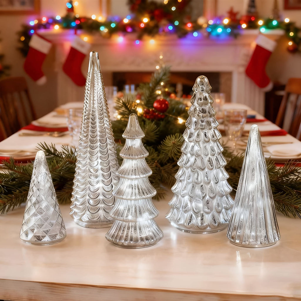 BESTSKY 2026 New Mercury Glass Christmas Tree with Led Lights,5Pcs Illuminated Mercury Glass Trees,Battery Operated,Mercury Glass Christmas Tree Set for Xmas Home Party Centerpiece Mantel Gift 5 Pcs