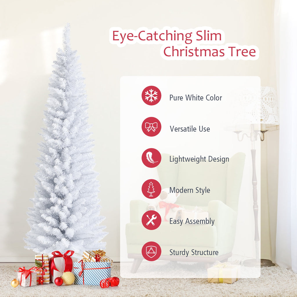 Costway 6ft Unlit Artificial Slim Pencil Christmas Tree with Metal Stand White