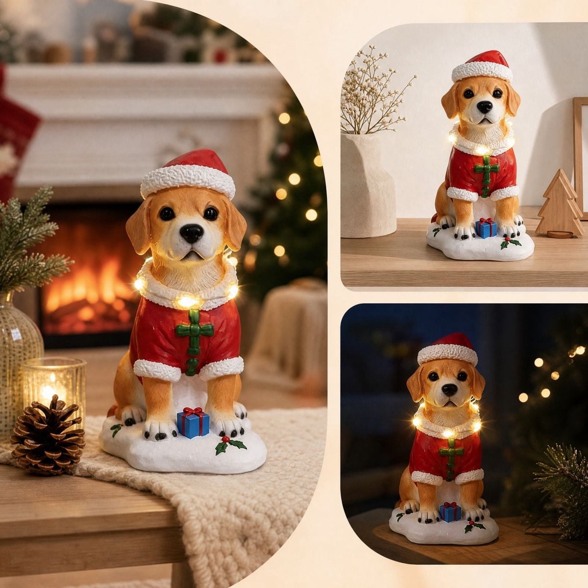 Luckky Lighted Christmas Dog Resin Statue, Santa Hat and Scarf Dog Figurine, 7.87 Inch, Multi-Color LED Lights, Indoor Outdoor Holiday Decor