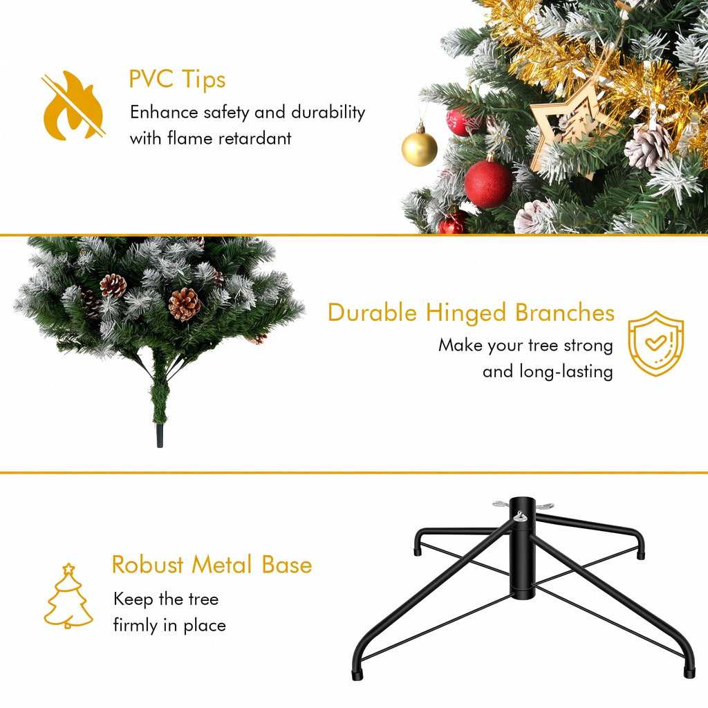 Legooin 6FT Pre-lit Christmas Tree Flocked Artificial Xmas Tree with 800 Branch Tips, 300 LED Lights, 51 Pinecones, for Christmas Holiday Decor, Green