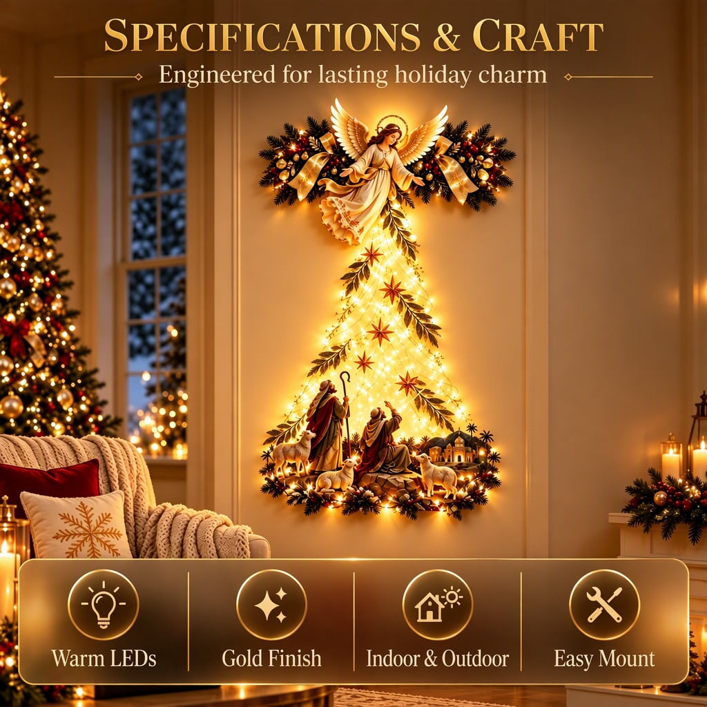Bethlehem Star of Faith Lighted Nativity Wall Decor, Warm LED Christmas Hanging, Gold, Indoor Outdoor, Meaningful Holiday Gift C