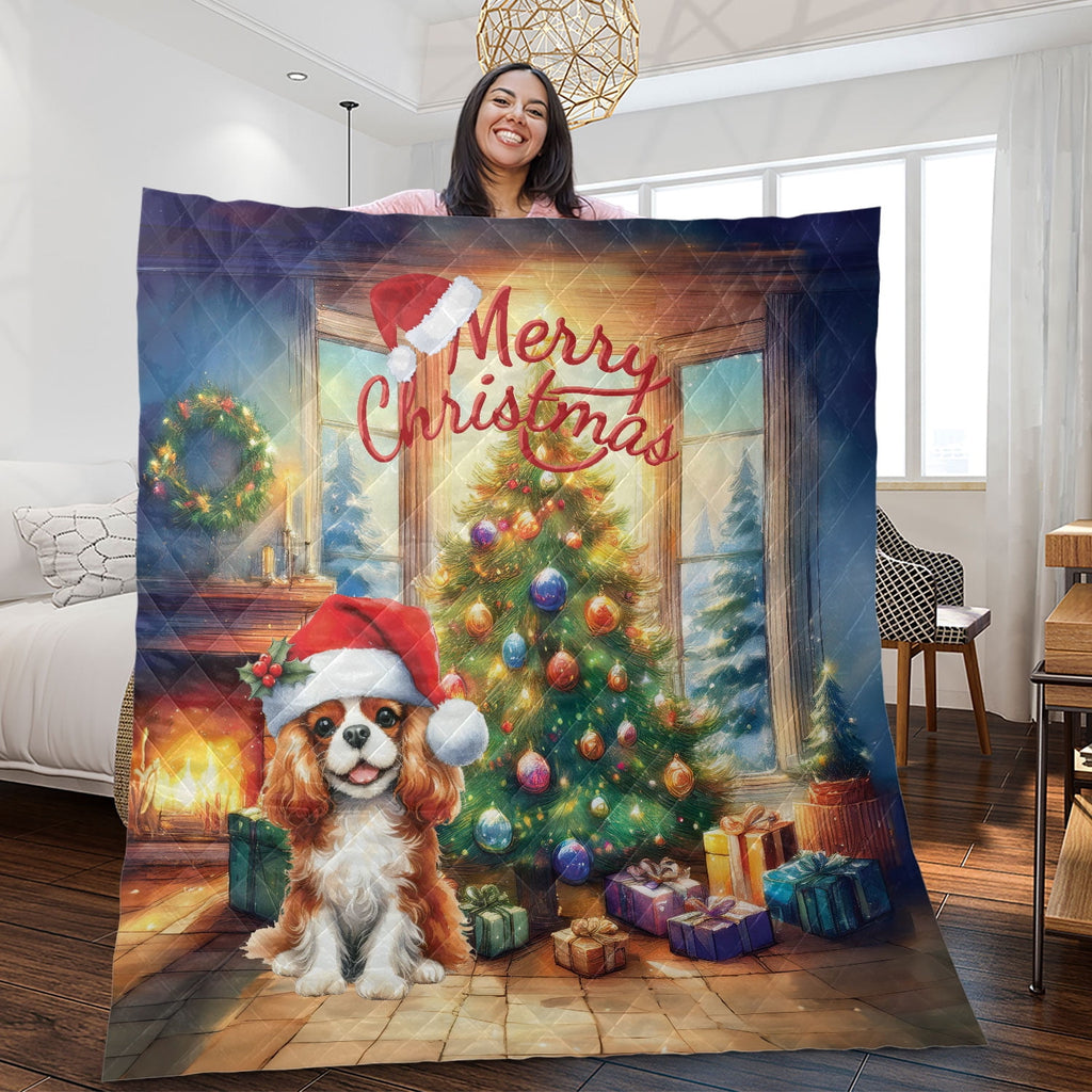 Merry Christmas French Bulldog Santa Hat Xmas Tree Winter Holiday Quilt Bedding Set Dog Lover Gifts 1 Blanket Bed Cover 2 Pillowcases - 01013