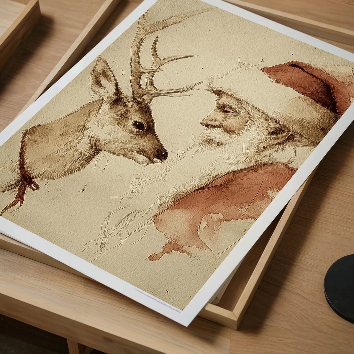Santa And Reindeer Print Wall Art, Vintage Christmas Poster, Neutral Holiday, Matte Canvas Stretched, Posters for Room Bedroom Living Room Bathroom Wall Decor, Posters & Art Prints, Gift.
