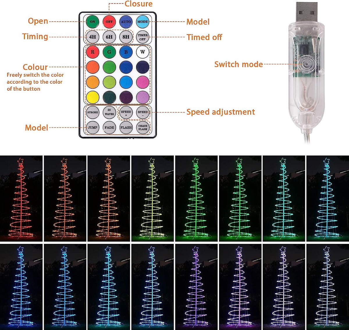 Colorful Lighted Spiral Christmas Tree Lights with Remote, 4FT