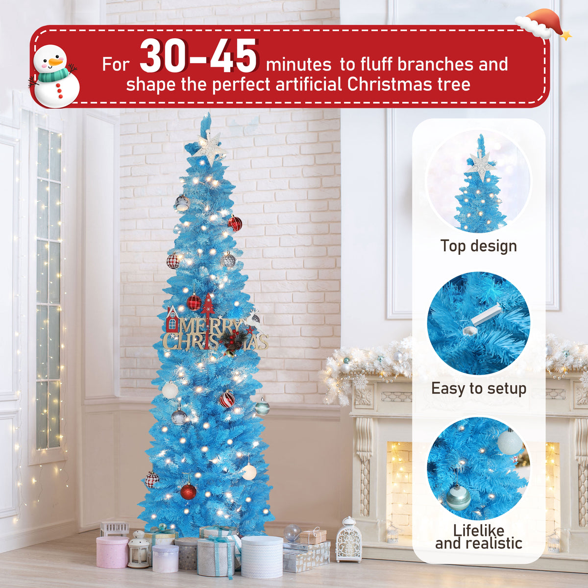 VEIKOUS 6ft Christmas Tree Crooked Neck with Topper, Prelit Xmas Tree with 200 LED Lights & 536 Branch Tips, Bendable Top Christmas Slim Tree for Holiday Decor, Green