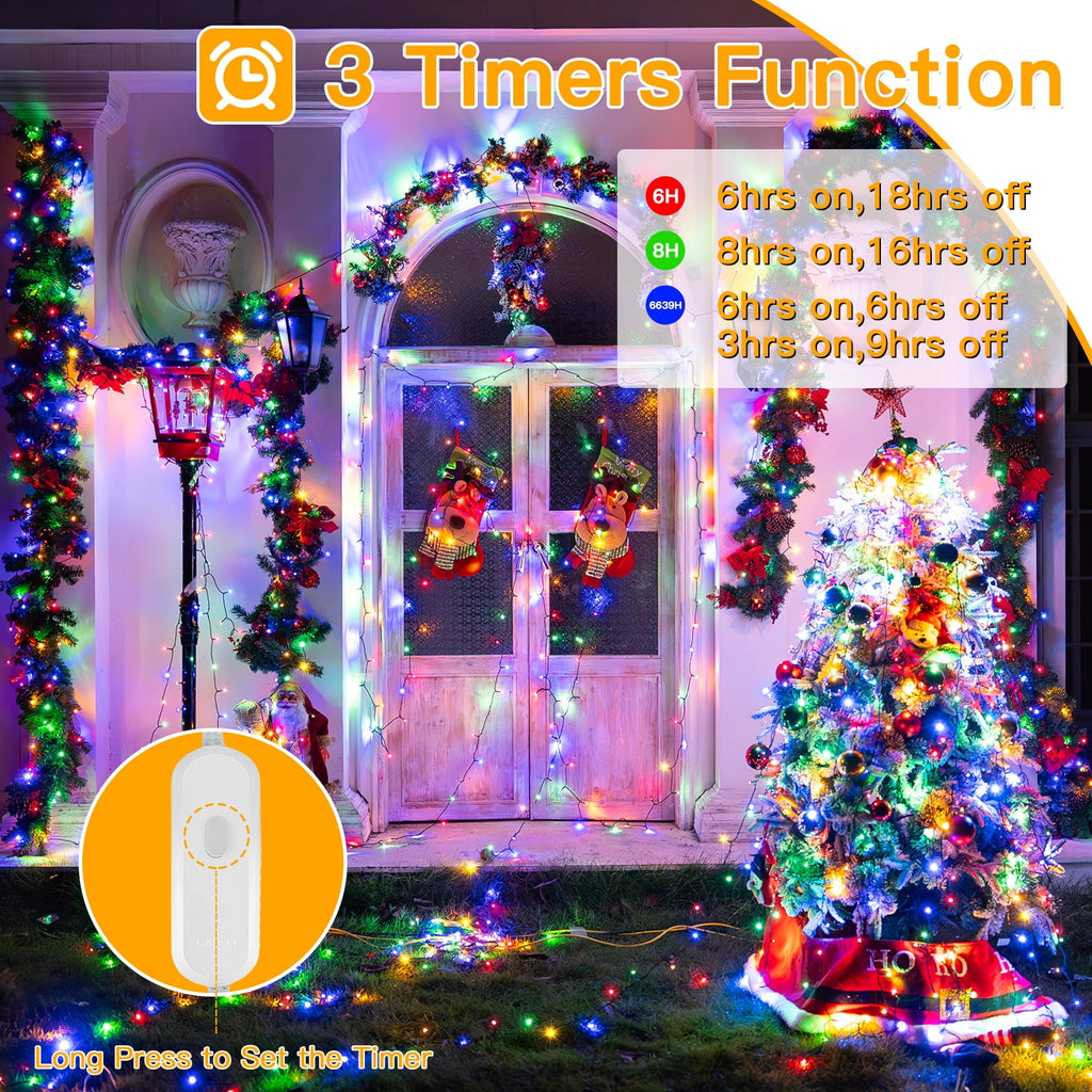 Ollny 66ft 200 LED Christmas String Lights, 8 Lighting Modes 3 Timing Waterproof Indoor Outdoor Christmas Lights for Party Garden Holiday, Multicolor