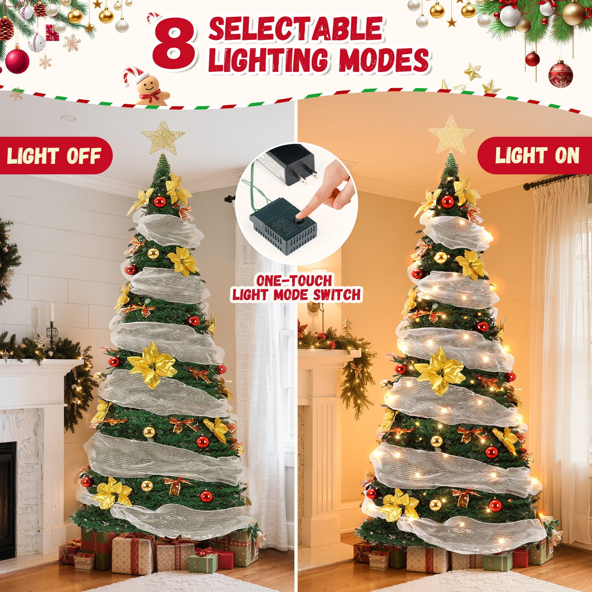 Yexmas 7.5FT Pre-Lit Christmas Tree,Green Pop Up Christmas Trees for Indoor Holiday Party Decorations