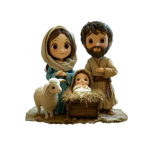 2D Acrylic Nativity Scene - Flat Manger Tabletop Decor with Sheep & Holy Family (Khaki)