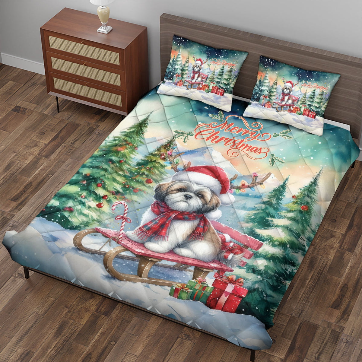 Merry Christmas Santa Reindeer Antlers French Bulldog Sleigh Xmas Winter Holiday Quilt Bedding Set Dog Lover Gifts 1 Blanket Bed Cover 2 Pillowcases - 00023