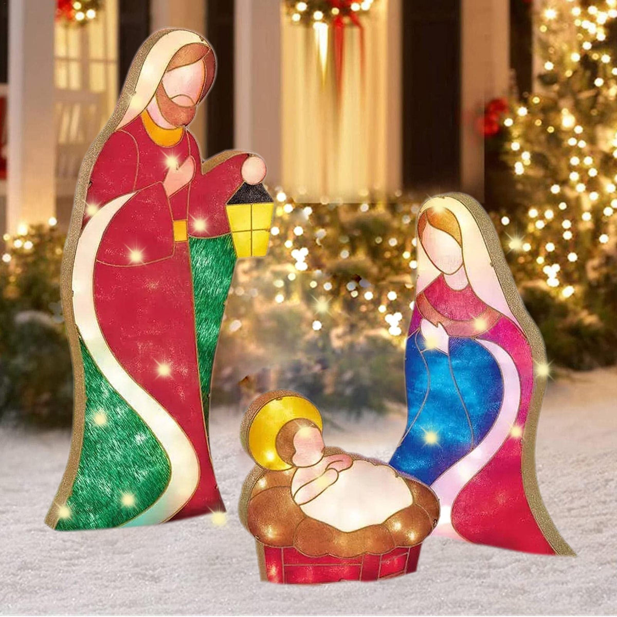 Mini Outdoor Lighted Nativity Scene Set, 9.06 -11. Inches Stained Acrylic Holy Family Decor, Easy Assemble Religious Christmas Yard Decoration for Garden Lawn