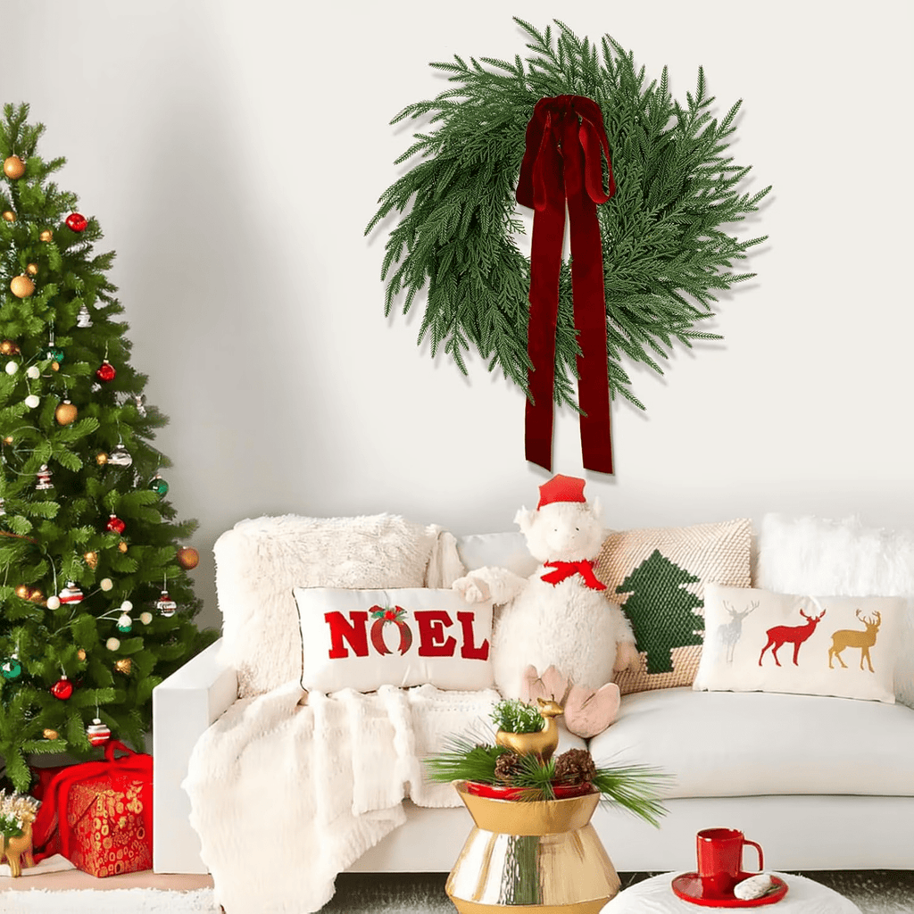 2 Pack Artificial Christmas Wreaths for Front Door, 24" Norfolk Pine & Cedar Greenery Wreath with Red Bows, Real Touch Holiday Wreaths for Indoor Outdoor Christmas Decorations, Seasonal Decor