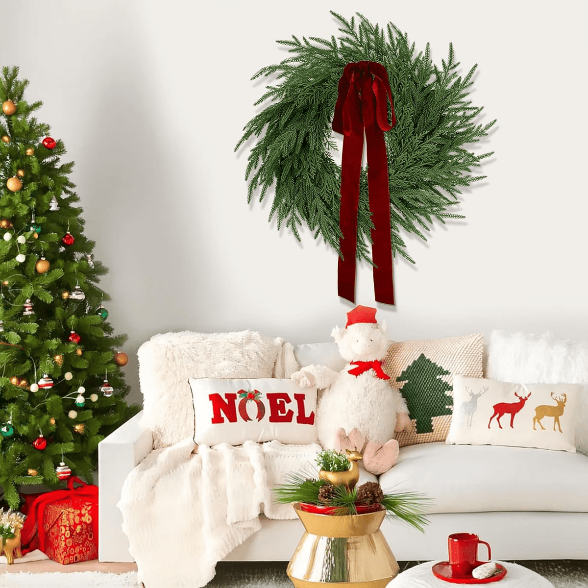 2 Pack Artificial Christmas Wreaths for Front Door, 24" Norfolk Pine & Cedar Greenery Wreath with Red Bows, Real Touch Holiday Wreaths for Indoor Outdoor Christmas Decorations, Seasonal Decor