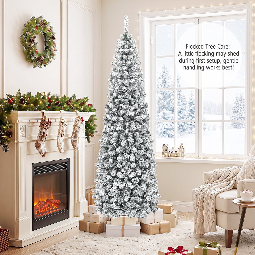 Costway 4.5 FT Unlit Flocked Pencil Christmas Tree Hinged with 242 Branch Tips