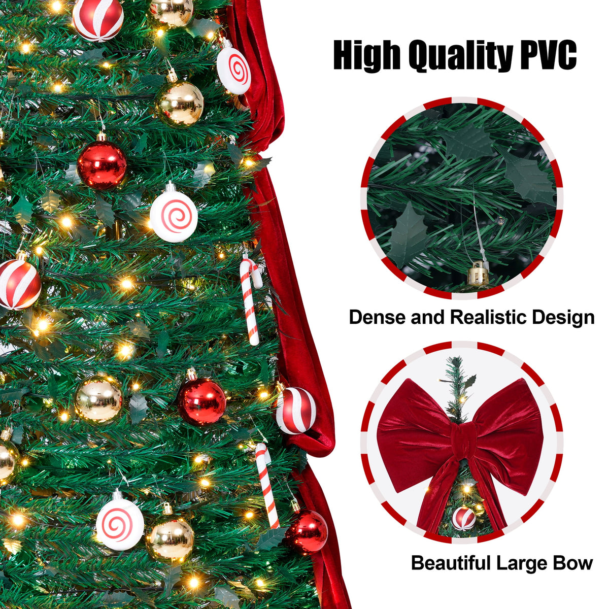 Firstness Christmas Tree 6FT, Pop up Pre Decorated Pre Lit Artificial Xmas Tree with 200 LED Lights, Large Bow & Ornaments, Lighted Christmas Tree with Storage Bag, Easy Installation