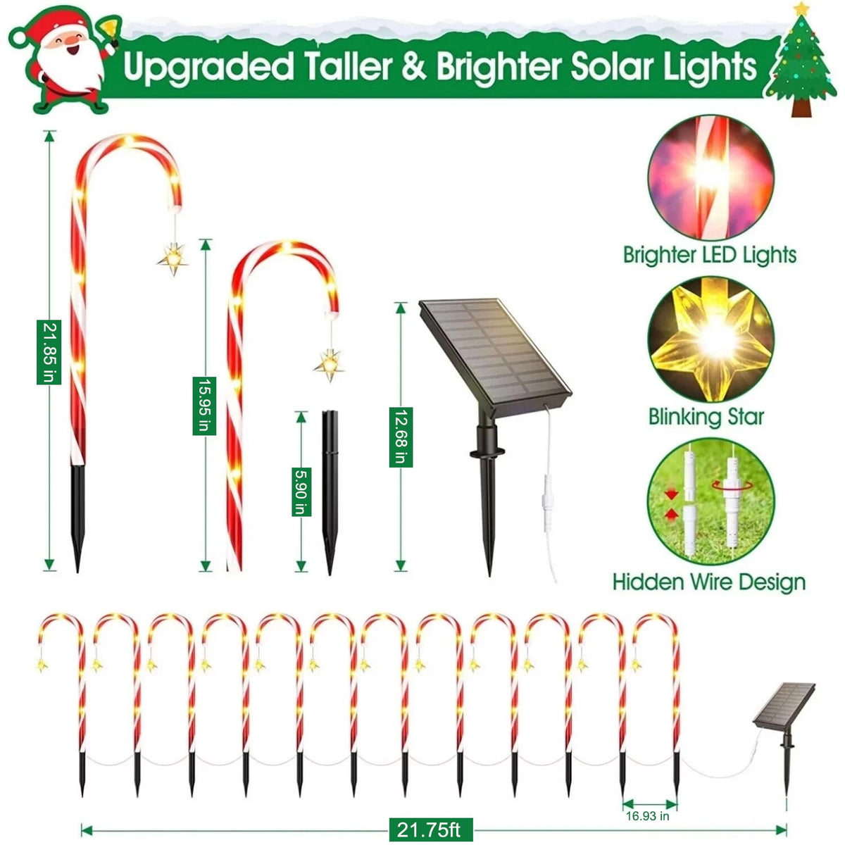 12 Pack Christmas Decorations Outdoor Solar Candy Cane Lights, Waterproof Solar Pathway Markers Yard Lights with Star, 8 Modes Xmas Decorations for Garden Yard Decor