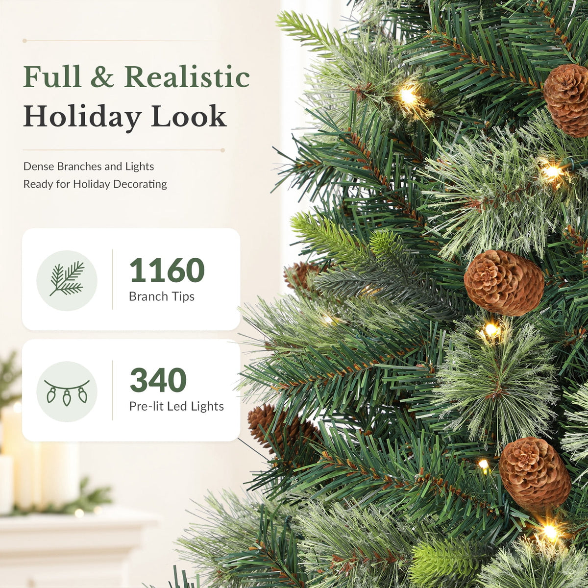 Lolsea 5.5ft Prelit PE Pine Artificial Christmas Tree with Lifelike Needles & Pine Cones, Remote Control, Warm White & Multi‑Color LED Lights