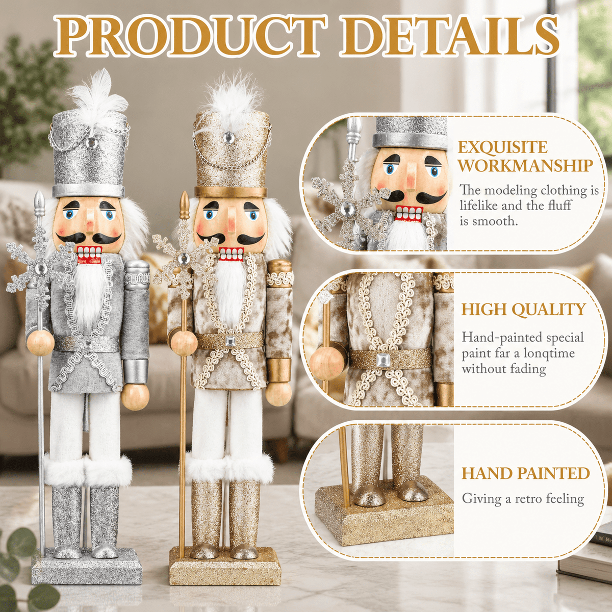 2-Pack Wooden Christmas Nutcracker Ornaments 15 Inch Soldier Figures for Holiday Decor