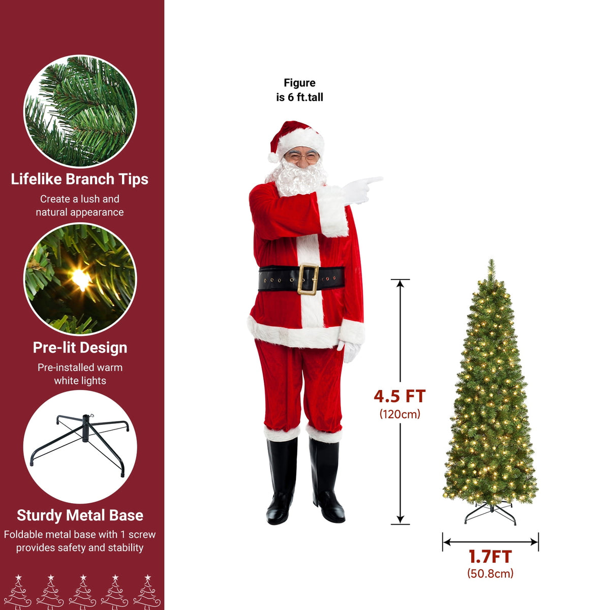 Lolsea 4.5ft Pre-Lit Artificial Christmas Tree, Hinged Slim Pencil Xmas Tree w/ Warm White Lights, Green