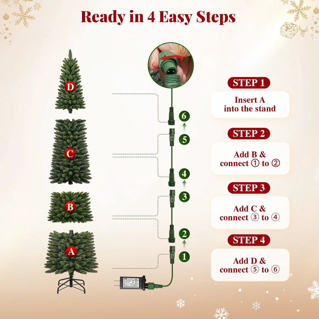 Goosiay Pre-Lit Pencil Artificial Christmas Tree, 6ft Xmas Tree with Metal Stand for Christmas Decoration, Green