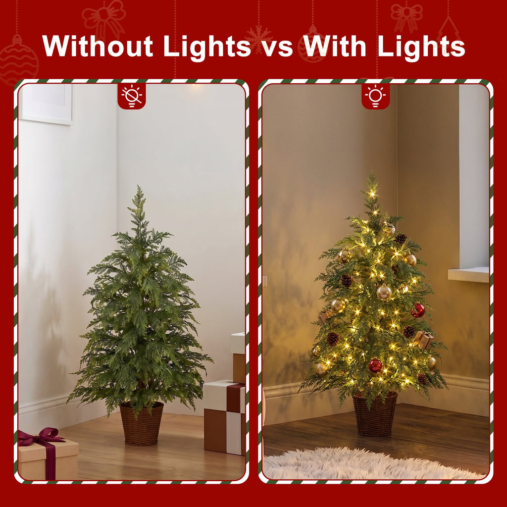 DR.Planzen 24" Pre-Lit Green Cypress Artificial Christmas Tree with 30 Warm White LED Lights, Mini Tabletop Xmas Tree in Woven Basket Base, Indoor Holiday Decoration