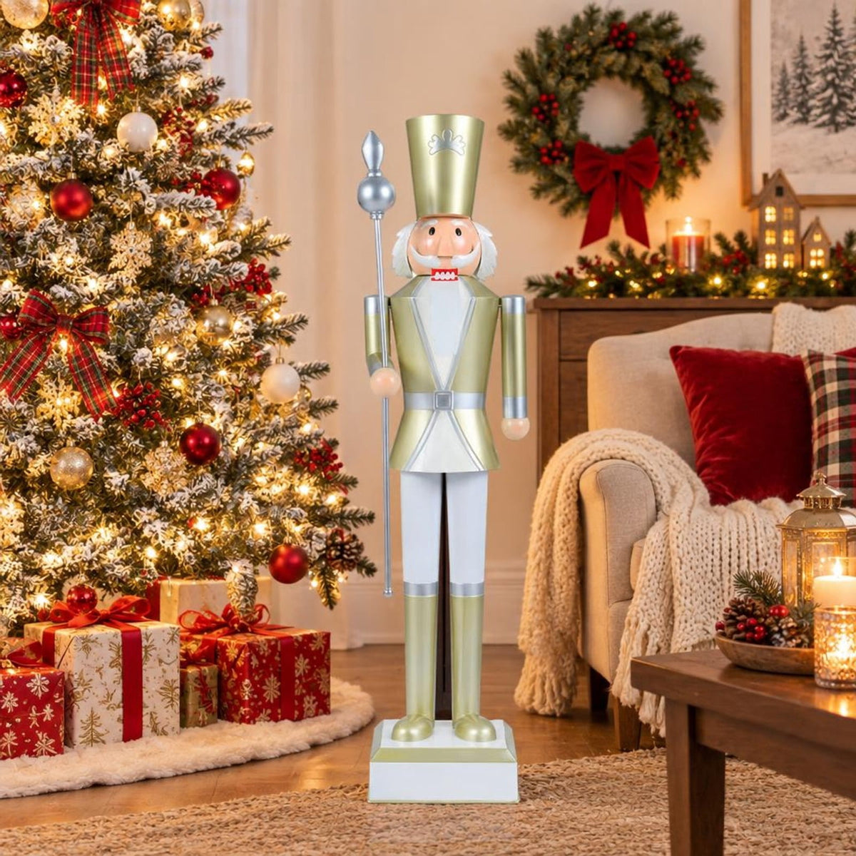 Airfind 4 FT Christmas Nutcracker with High Hat & Beautiful Scepter-White & Golden, Metal Frame, 10.5" x 10.5" x 4' Footprint, White