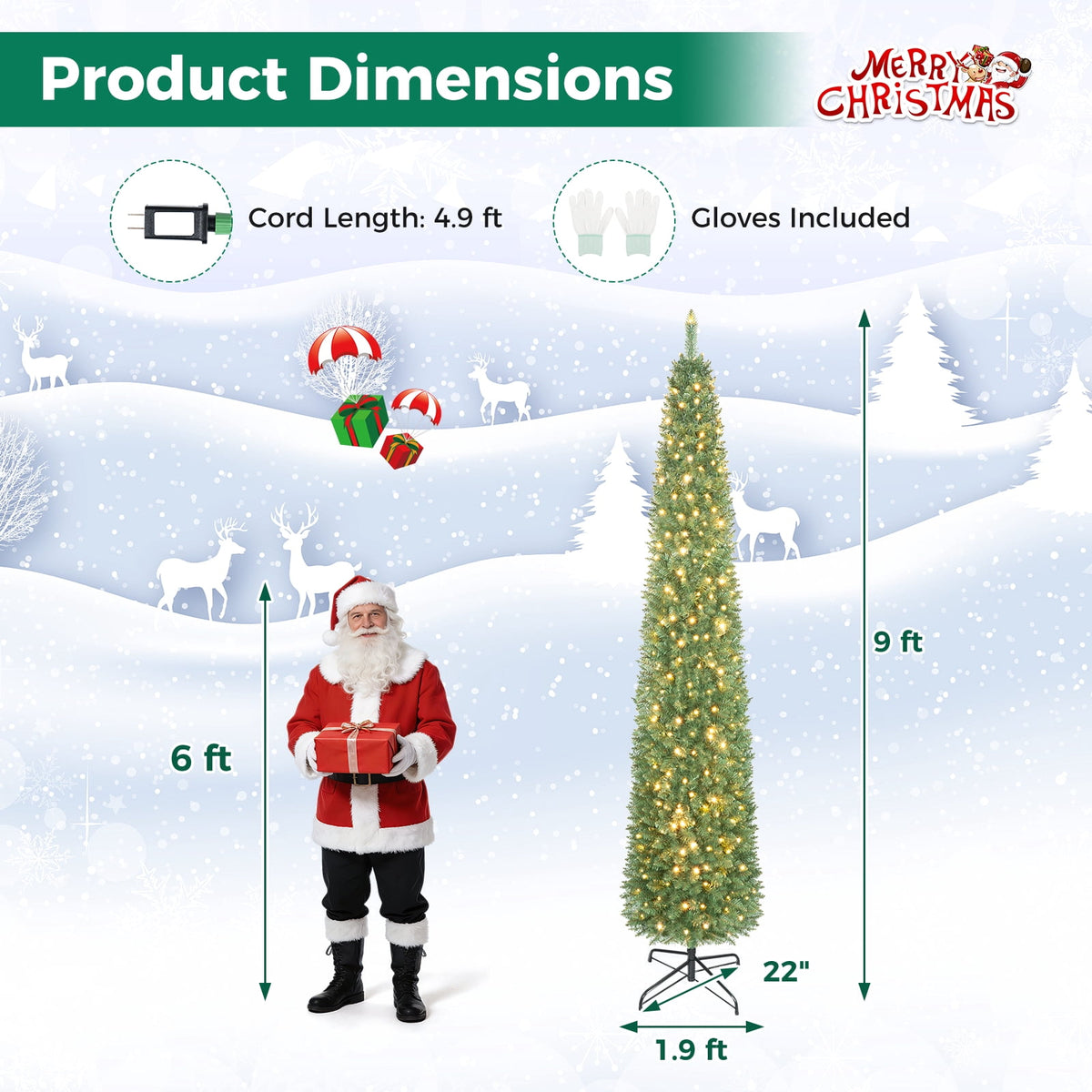 Gymax 9 FT Pre-Lit Artificial Christmas Tree Realistic Slim Pencil Xmas Tree