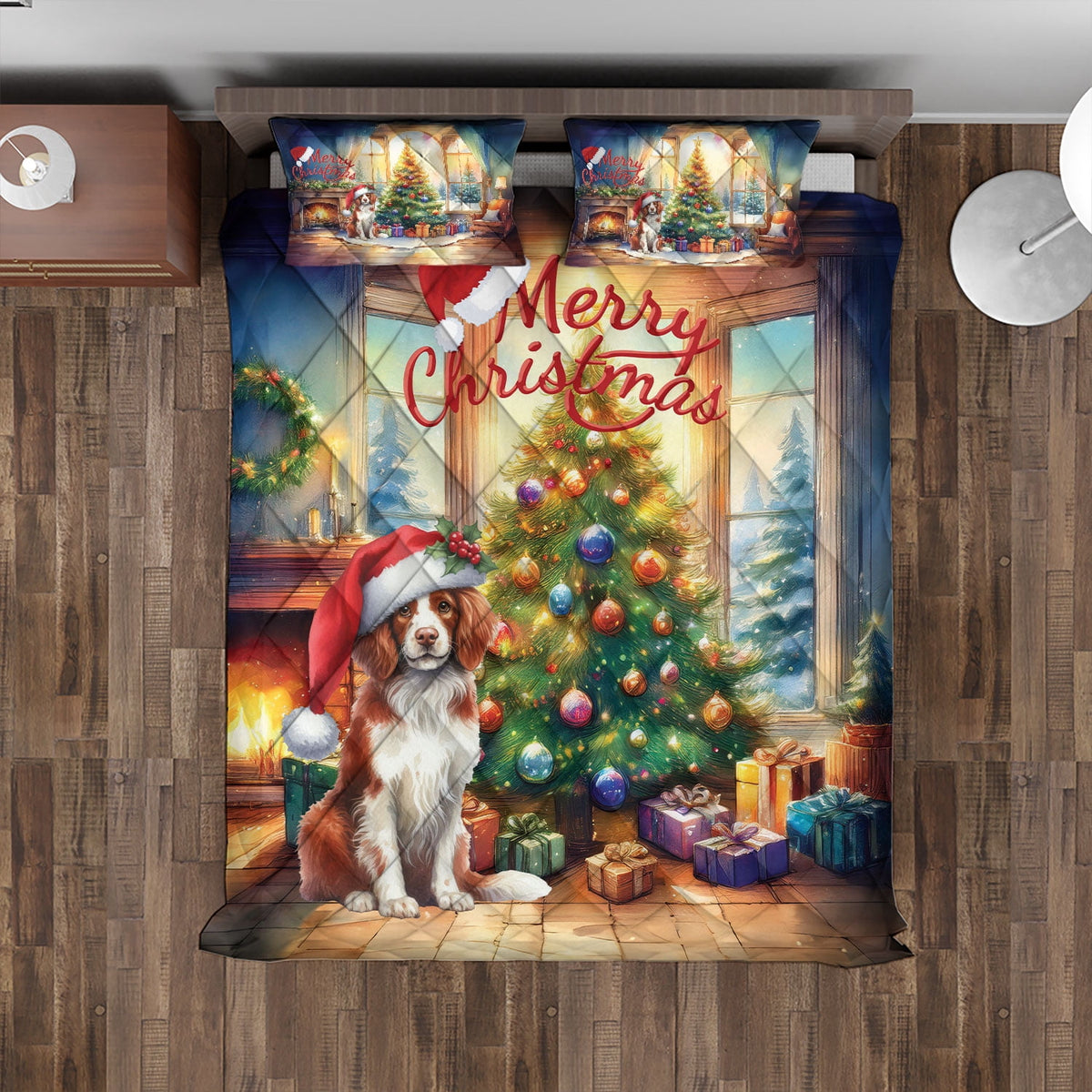 Merry Christmas French Bulldog Santa Hat Xmas Tree Winter Holiday Quilt Bedding Set Dog Lover Gifts 1 Blanket Bed Cover 2 Pillowcases - 01013