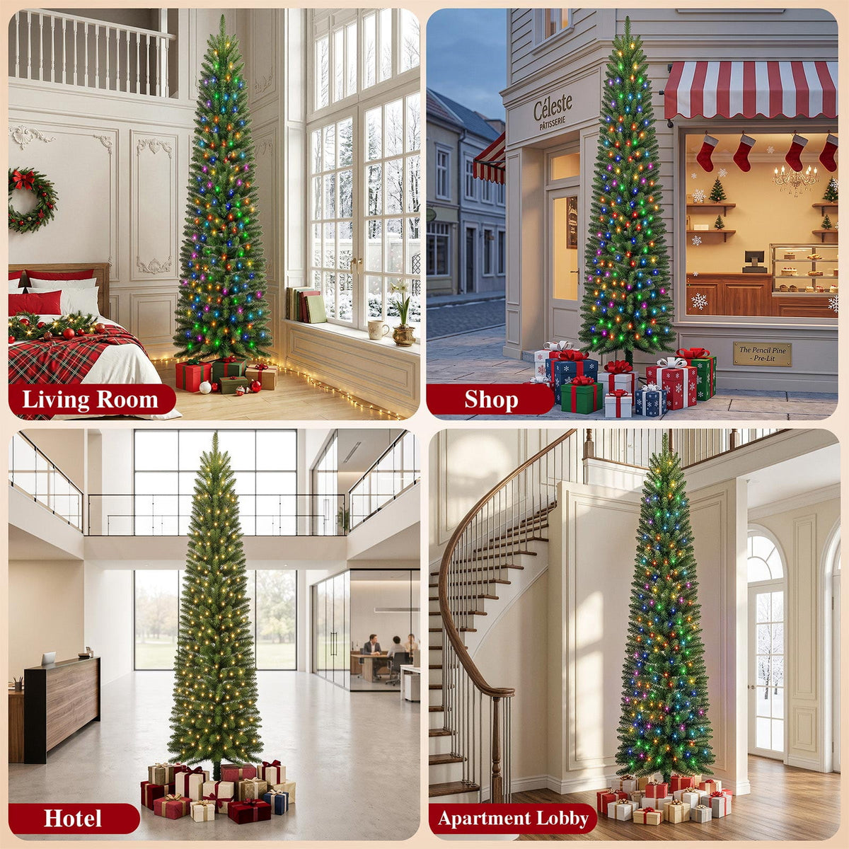 Goosiay Pre-Lit Pencil Artificial Christmas Tree, 6ft Xmas Tree with Metal Stand for Christmas Decoration, Green