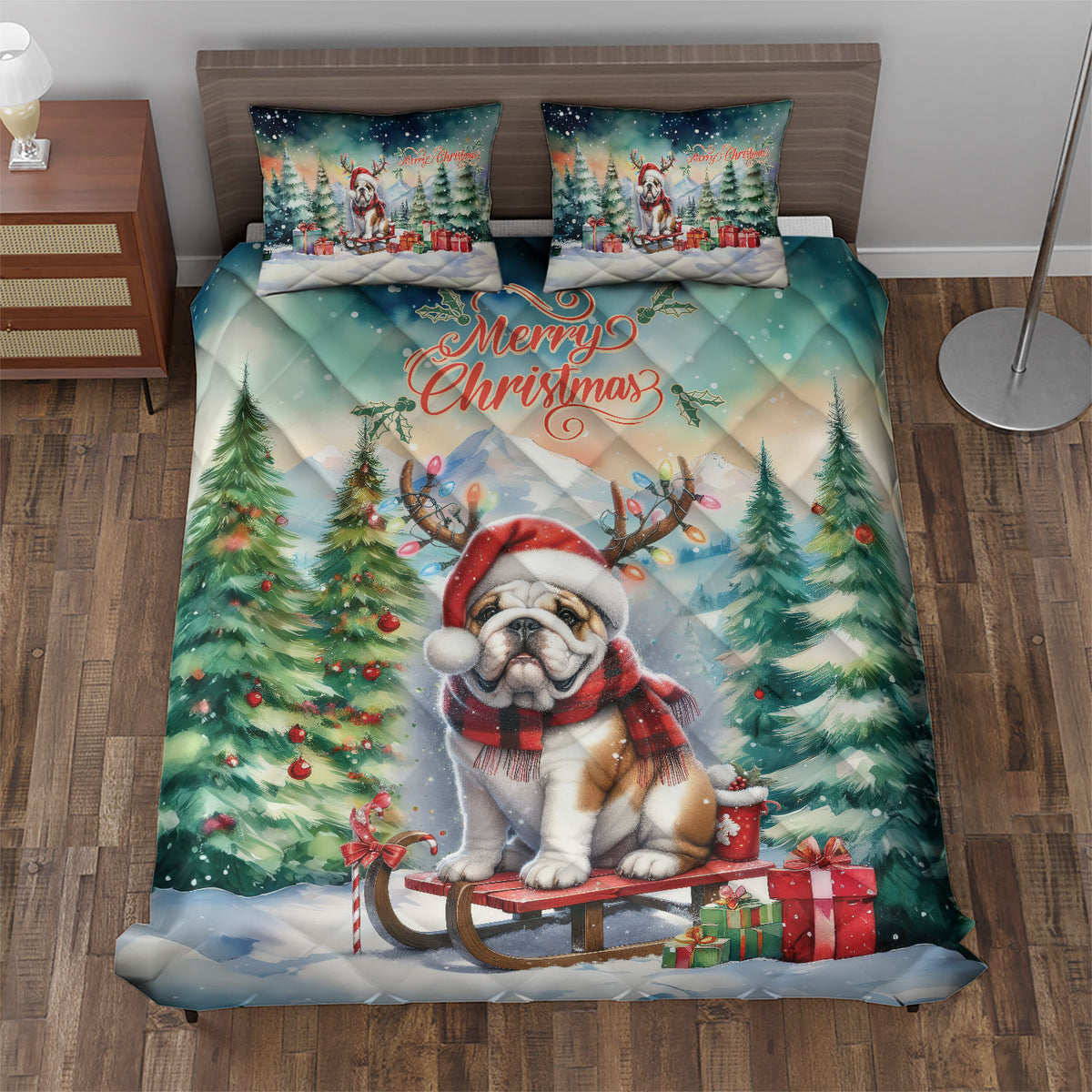 Merry Christmas Santa Reindeer Antlers French Bulldog Sleigh Xmas Winter Holiday Quilt Bedding Set Dog Lover Gifts 1 Blanket Bed Cover 2 Pillowcases - 00023