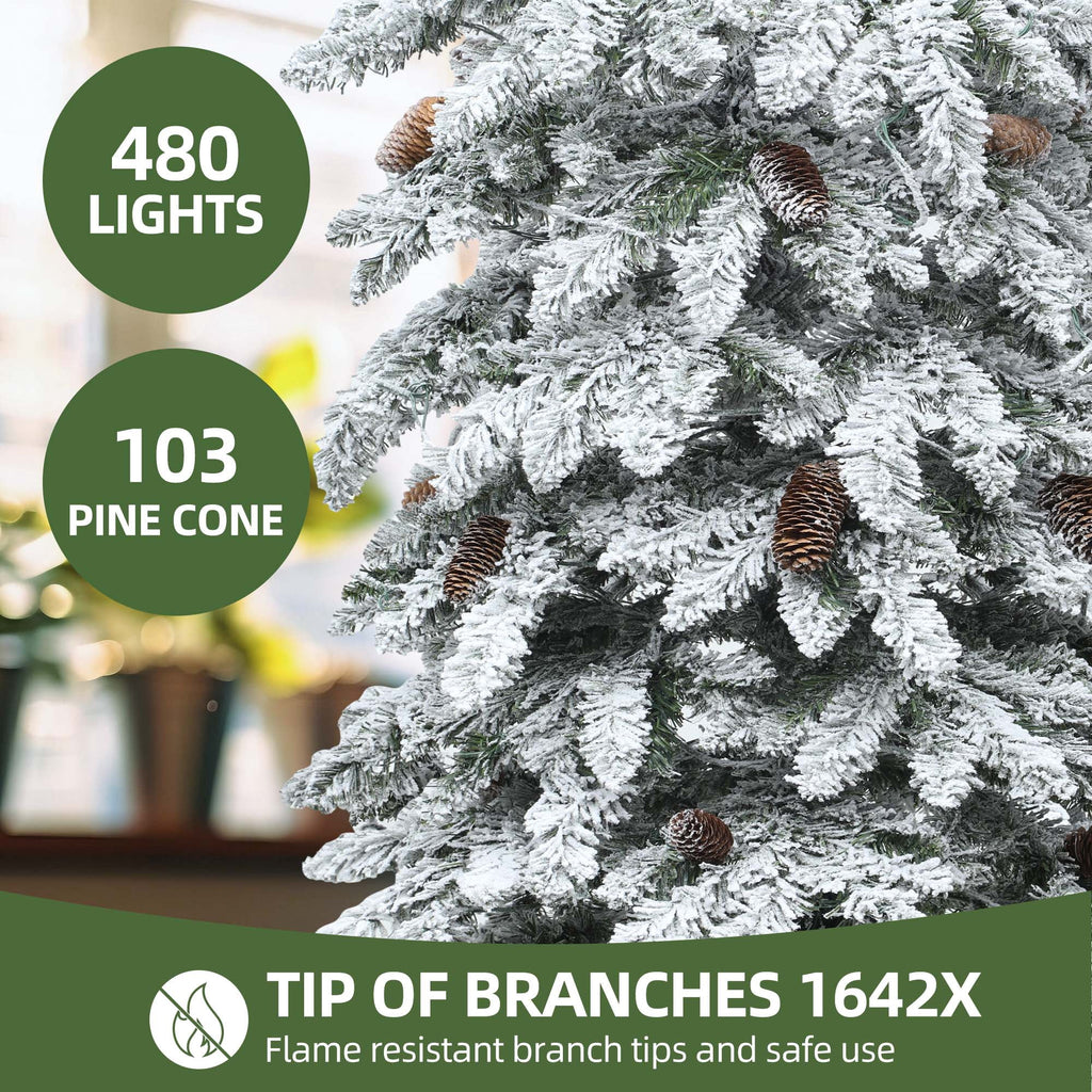 Uforic 9ft Pre-lit Flocked Pencil Spruce Christmas Tree with 1642 Branch Tips & 480 Lights, Remote Control, 11 Light Modes, White Flocked