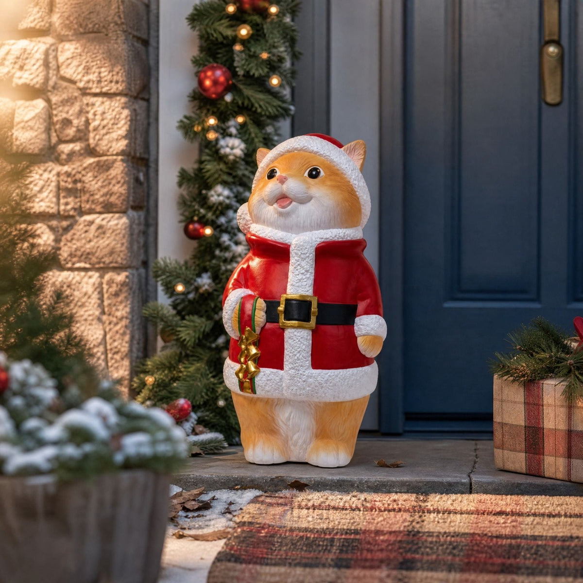 Luckky Lighted Christmas Dog Resin Statue, Santa Hat and Scarf Dog Figurine, 7.87 Inch, Multi-Color LED Lights, Indoor Outdoor Holiday Decor