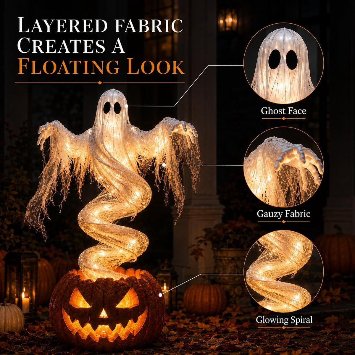 Swirling Ghost Pumpkin Yard Lamp, Outdoor Porch Decoration with Rotating Light Effect