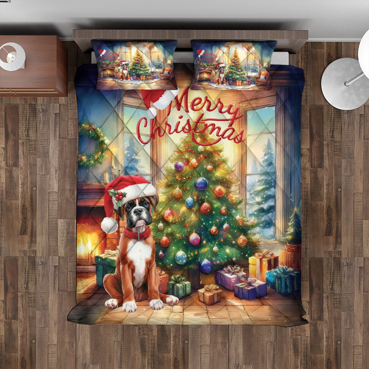 Merry Christmas French Bulldog Santa Hat Xmas Tree Winter Holiday Quilt Bedding Set Dog Lover Gifts 1 Blanket Bed Cover 2 Pillowcases - 01013