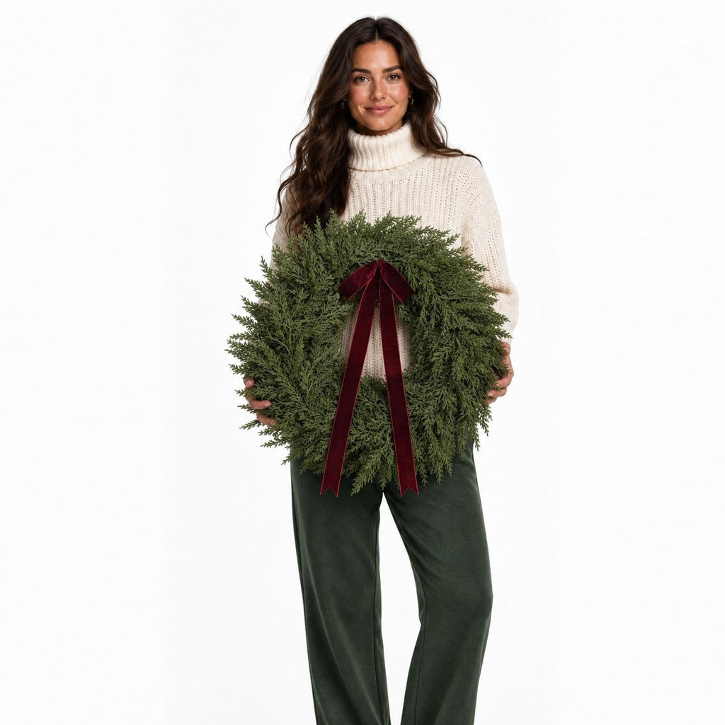 QualiVow Artificial Christmas Wreath with Burgundy Bow, 11.81in Faux Cedar Front Door Decor