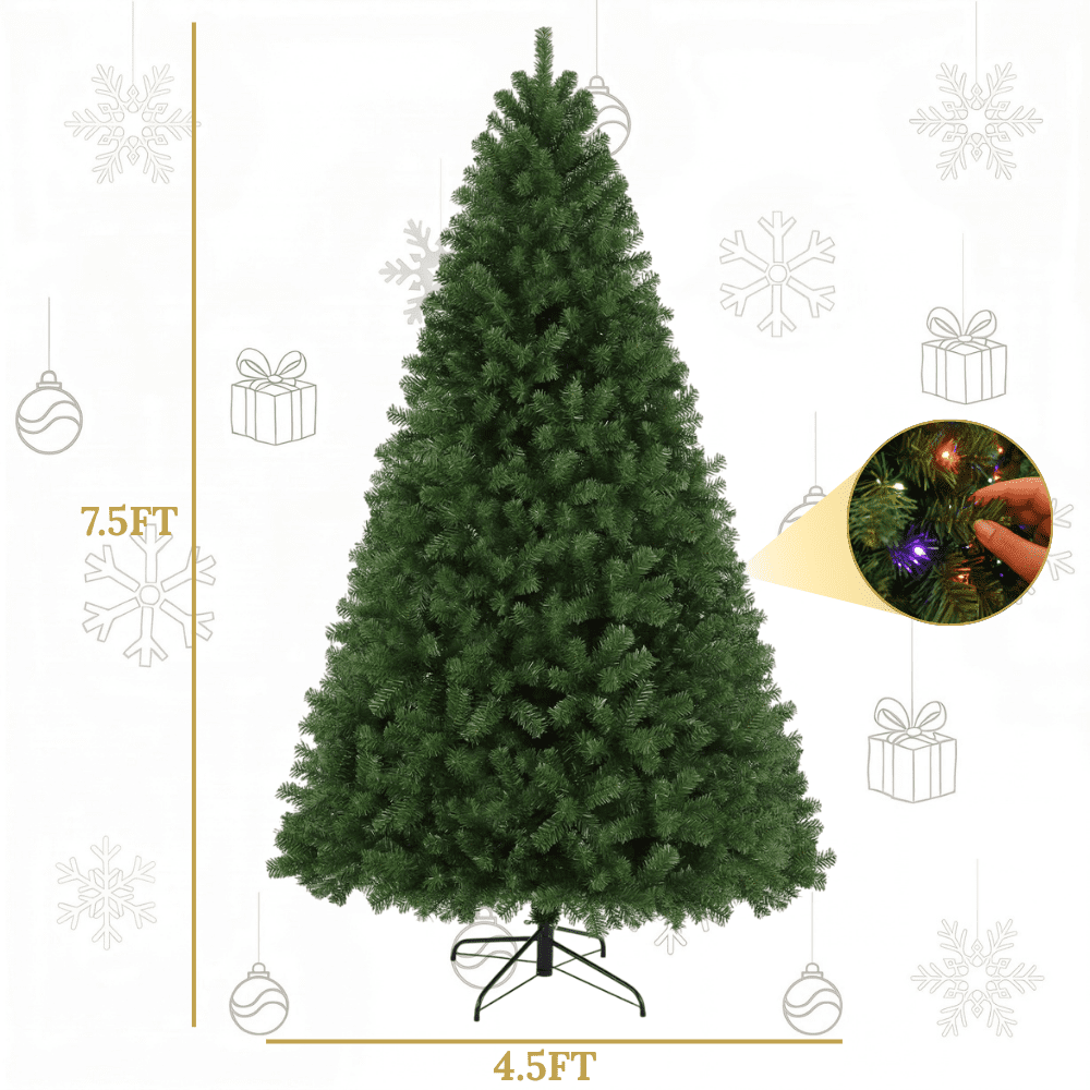 Legooin 7.5FT Pre-Lit Artificial Christmas Tree 1300 PVC Branch Tips 400 Multicolor LED Lights Full Xmas Tree for Home Office Holiday Party Decoration, Green