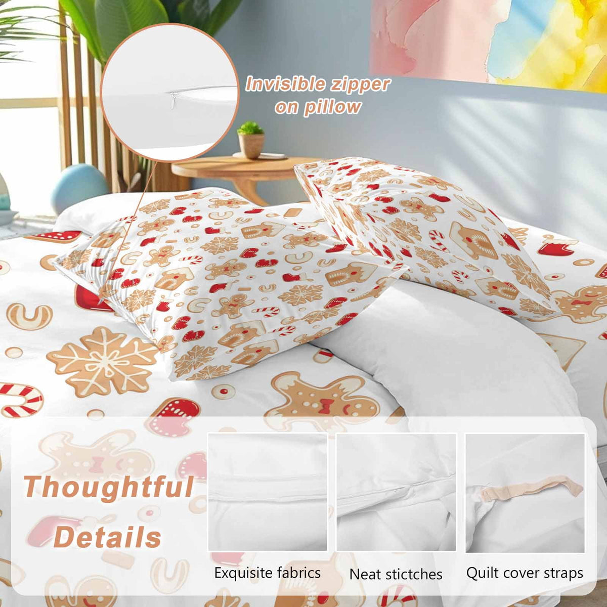 Christmas Gingerbread Man Bedding Duvet Cover Set Twin Size 4 Pieces Winter Snowflake Food White Bedding Set with Zipper Closure, 1 Comforter Cover 68x90 Inches 1 Flat Sheet & 2 Pillow Cases