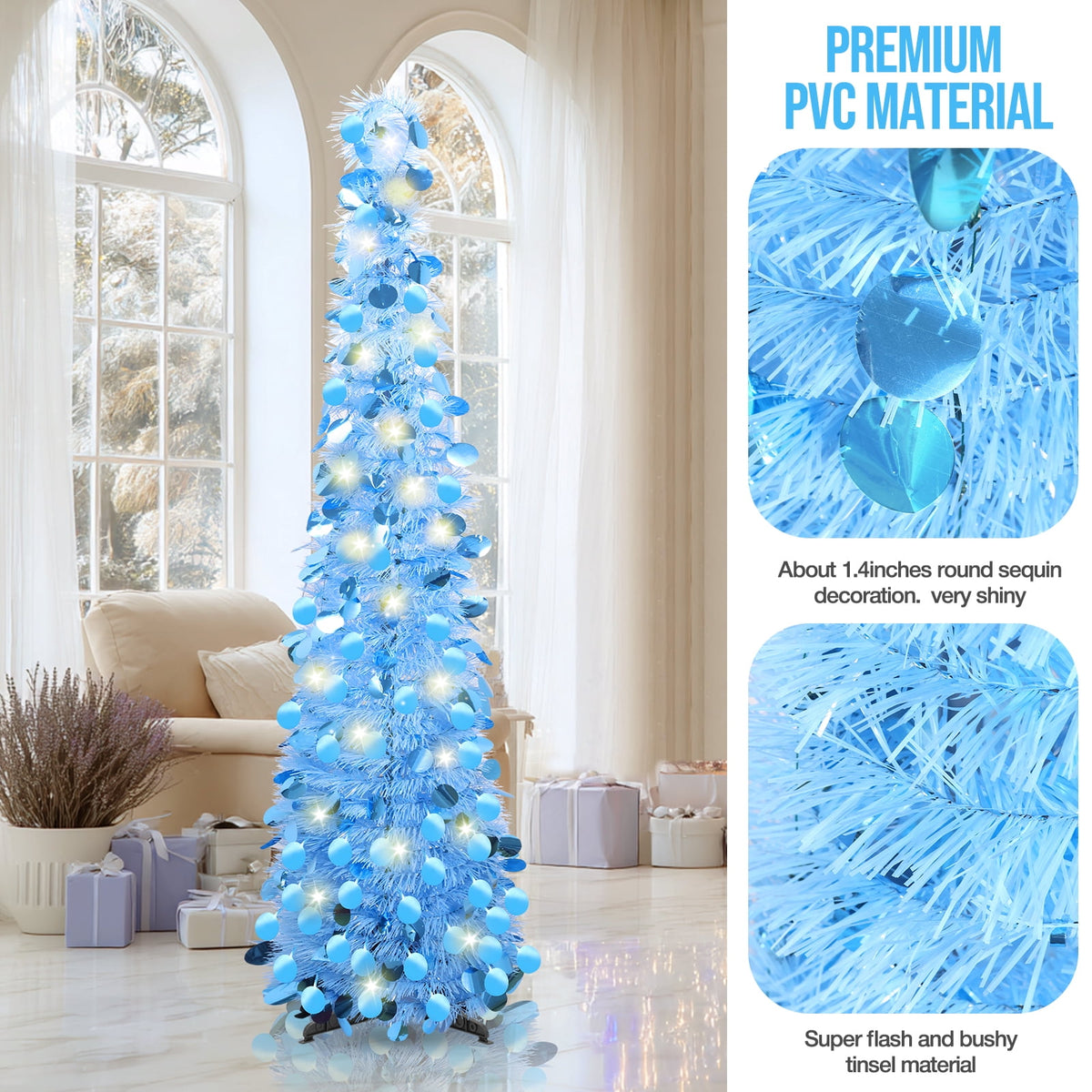 Ayieyill 5ft Pop up Christmas Tree,Color Artificial Pencil Tinsel Xmas Trees for Christmas Indoor Decorations, Collapsible Christmas Tree (Silver)