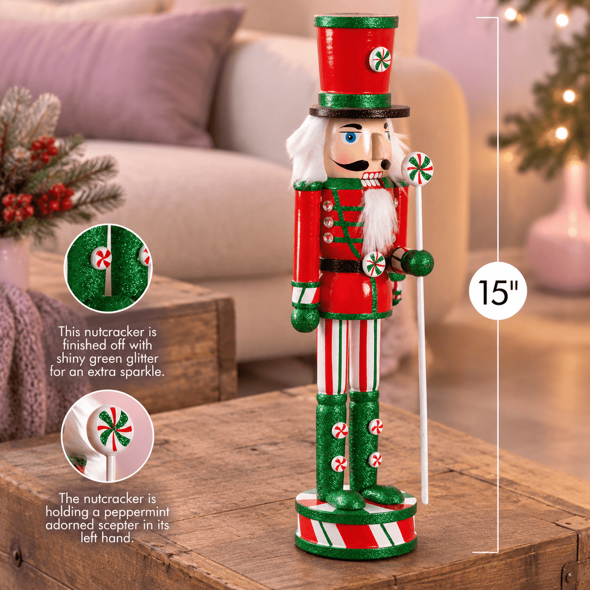 15 Inch Wooden Peppermint Christmas Nutcracker Soldier Decoration