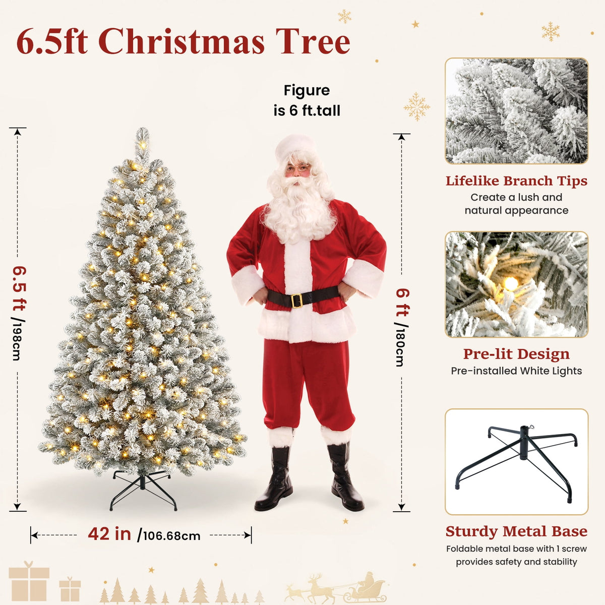 Lolsea 7ft Prelit Snow Flocked Artificial Holiday Christmas Tree w/ Warm White Lights, Foldable Stand, Full Snow Branch Tips