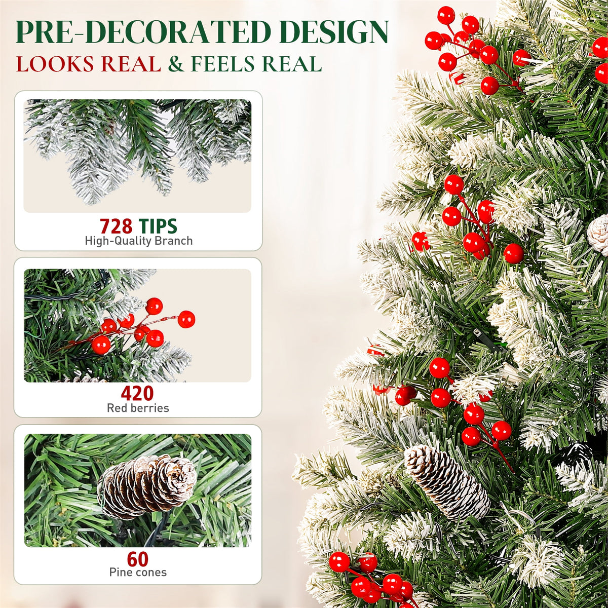 Aufeile 6ft Pencil Christmas Tree, Slim Pre-Lit Xmas Tree, 200 LED Lights, 600 Hinged Tips, Pine Cones, Berries, Metal Stand
