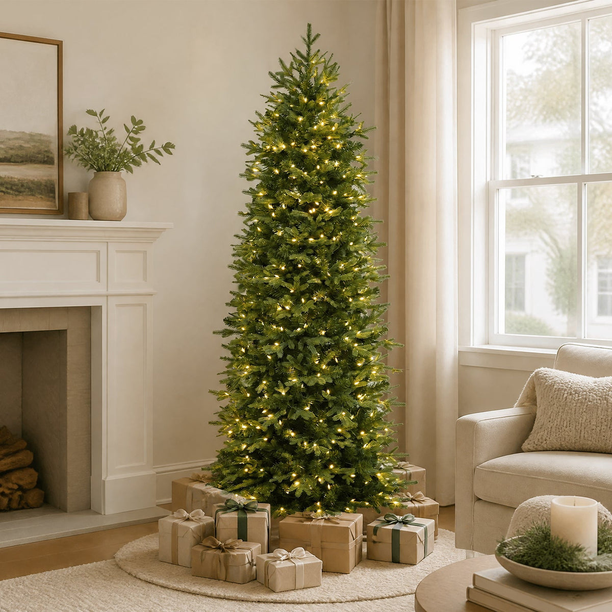 VIVATREES 6ft Pre-lit Slim Artificial Christmas Tree Hinged Mixed PVC PE Branch Tips Warm White LED Lights Foldable Base